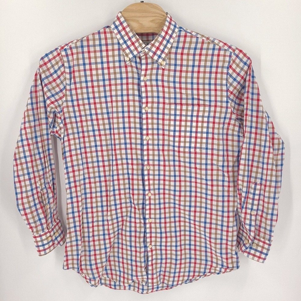 Peter Millar Shirt Mens Large Blue Red Brown Check Gingham Casual Button Down